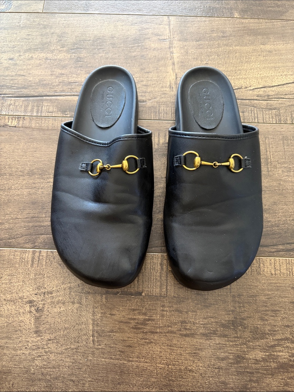 Horsebit Black Leather Slip-On Loafers with Gold Horsebit